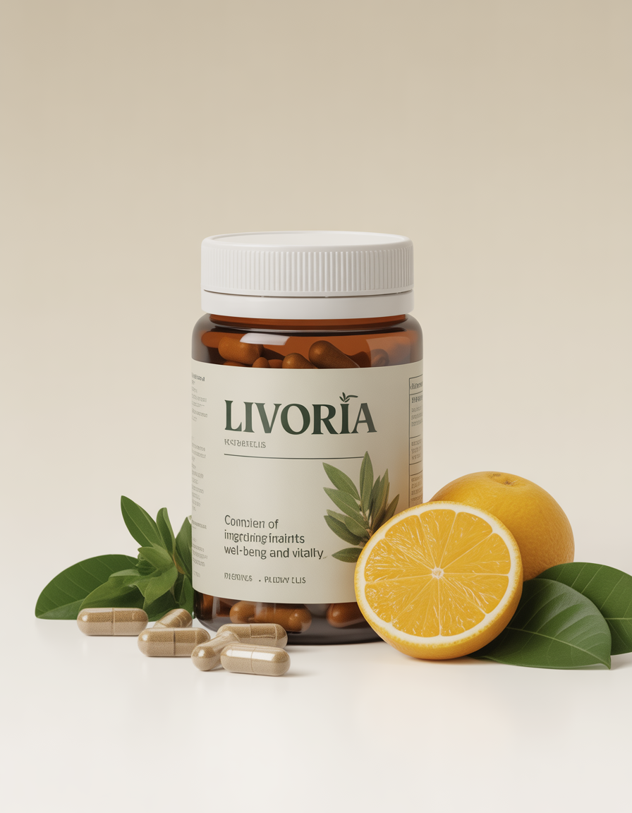 Livoria supplement bottle with natural ingredients for daily wellness support